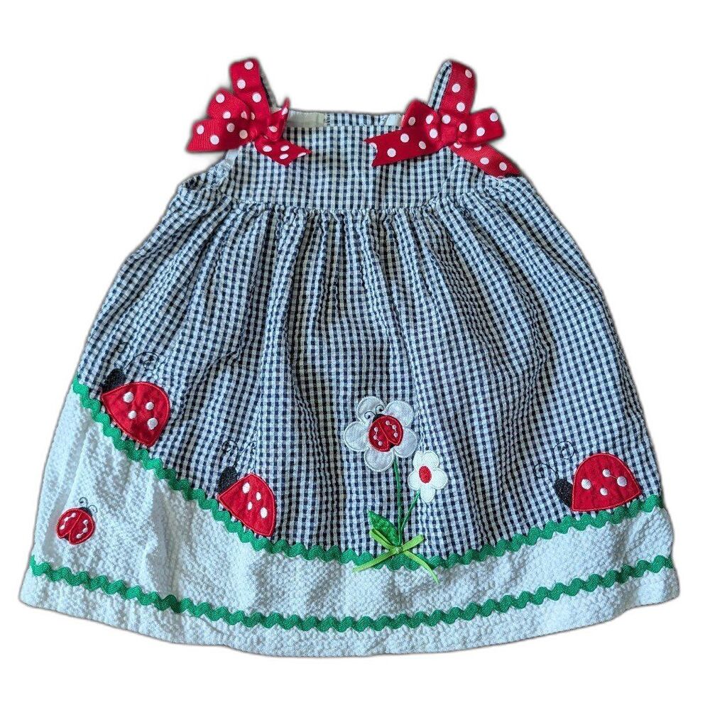 Vintage Rare Too Gingham Seersucker Ladybug Sleeveless Summer Dress Bows 18m